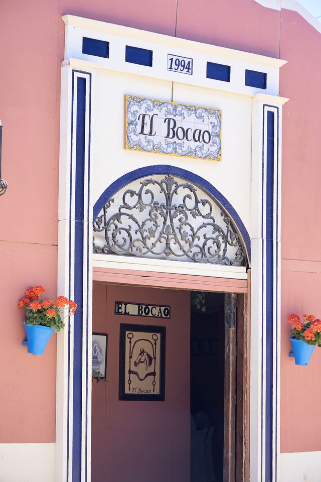 Fachada de la caseta con el azulejo «El Bocao», el año 1994 y macetas azules